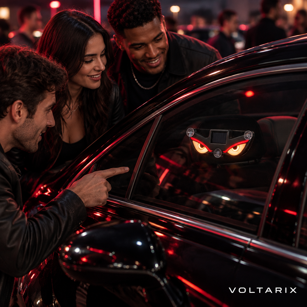 People admiring the Voltarix light at an evening car meet